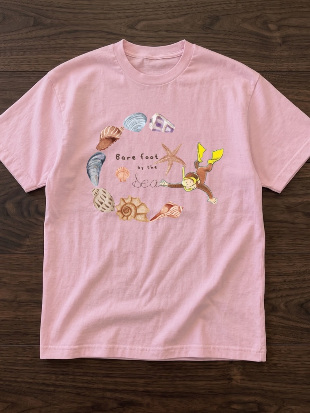 Pink Seashell Curious Monkey Vacation Graphic Tee